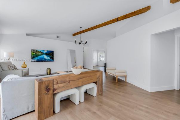 Dining room, Interior, Living room, Pendant Lights, Wooden Beams, Wood Texture Flooring