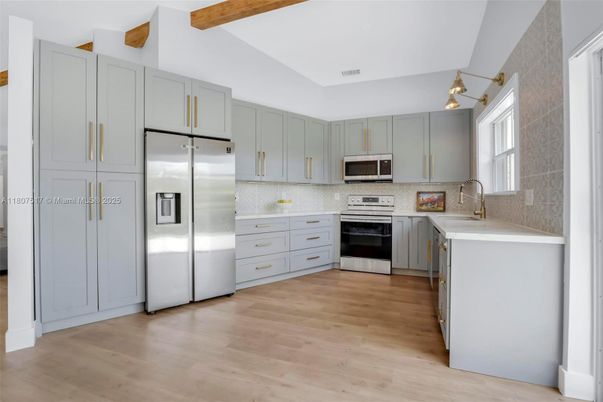 Interior, Kitchen, Stainless Steel Appliances, Wooden Beams, Wood Texture Flooring