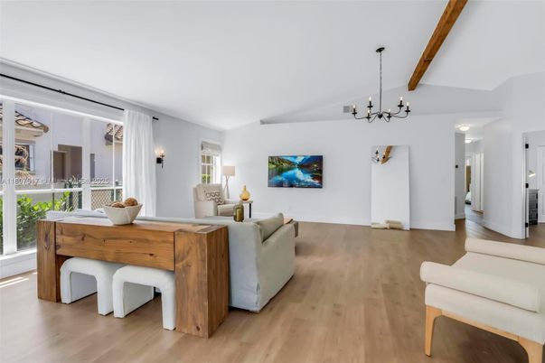 Dining room, Interior, Living room, Pendant Lights, Wooden Beams, Wood Texture Flooring