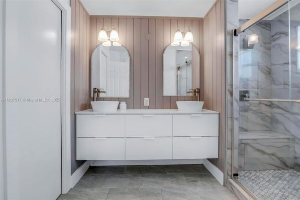 Bathroom, Dual Sink Vanities, Glass Shower, Interior, Marble Walls