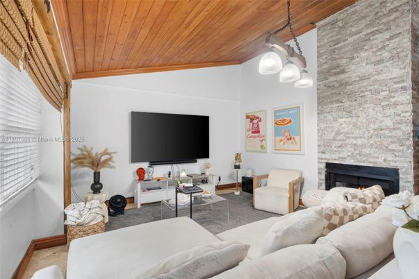 Fireplace, Interior, Living room, Pendant Lights, Stone Walls, Wooden Ceilings