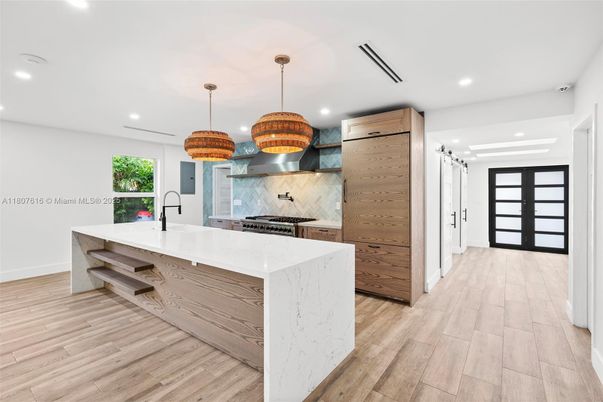 Interior, Kitchen, Pendant Lights, Recessed Lighting, Stainless Steel Appliances, Wood Texture Flooring