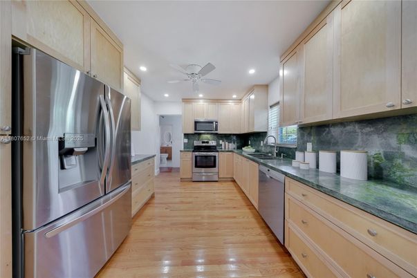 Interior, Kitchen, Recessed Lighting, Stainless Steel Appliances, Wood Texture Flooring