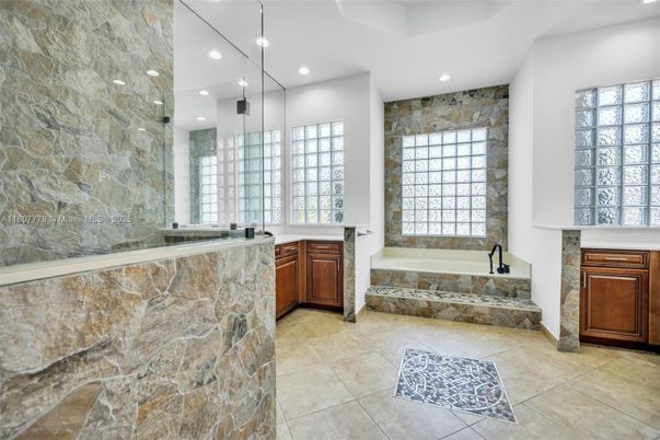 Bathroom, Glass Shower, Interior, Recessed Lighting, Stone Walls