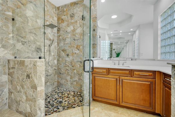 Bathroom, Glass Shower, Interior, Recessed Lighting, Stone Walls