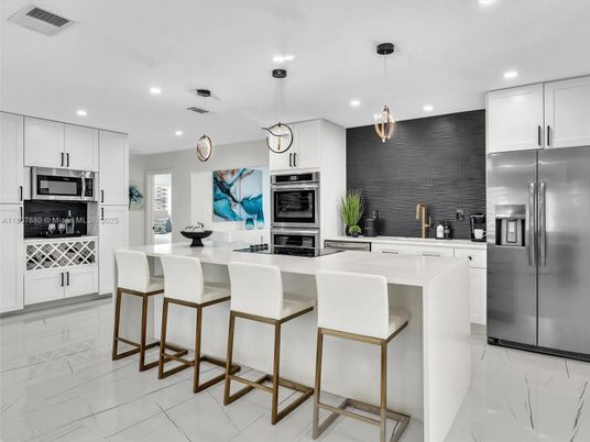 Interior, Kitchen, Marble, Pendant Lights, Recessed Lighting, Stainless Steel Appliances