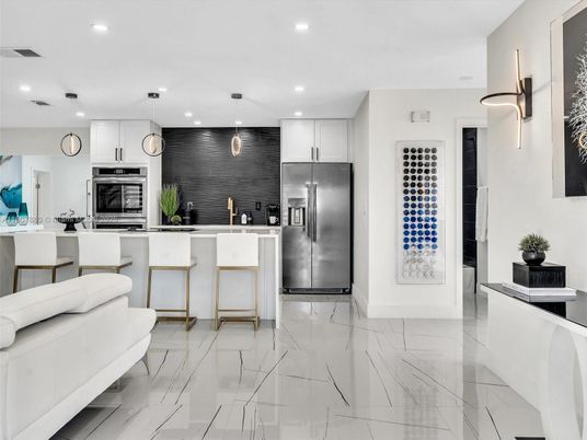 Interior, Kitchen, Marble, Pendant Lights, Recessed Lighting, Stainless Steel Appliances