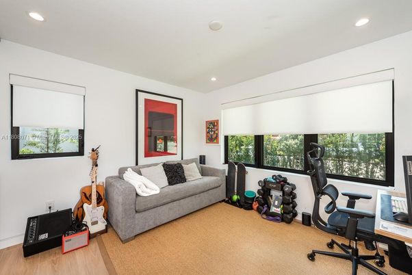 Fitness Equipment, Home Office, Interior, Recessed Lighting, Wood Texture Flooring