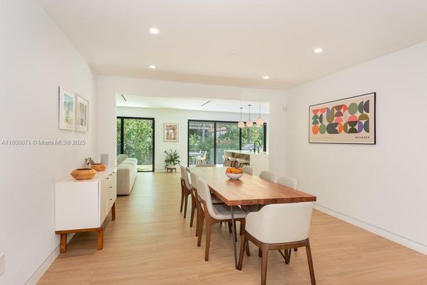 Dining room, Interior, Pendant Lights, Recessed Lighting, Wood Texture Flooring