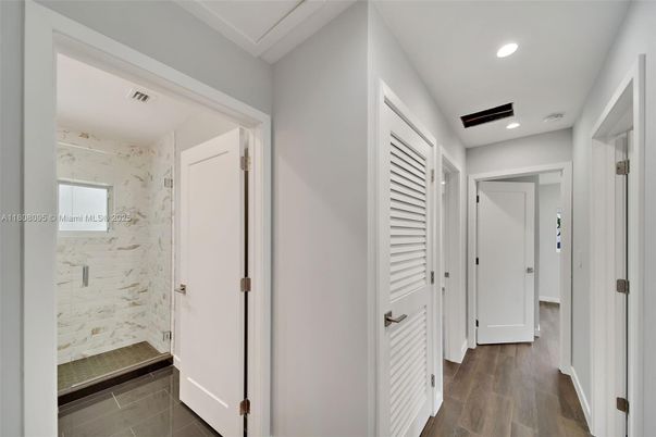 Bathroom, Glass Shower, Interior, Recessed Lighting, Wood Texture Flooring