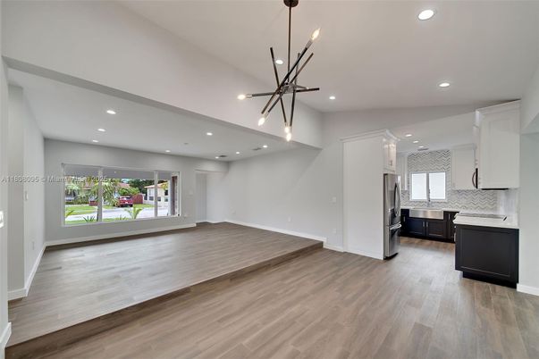 Empty room, Interior, Kitchen, Pendant Lights, Recessed Lighting, Wood Texture Flooring