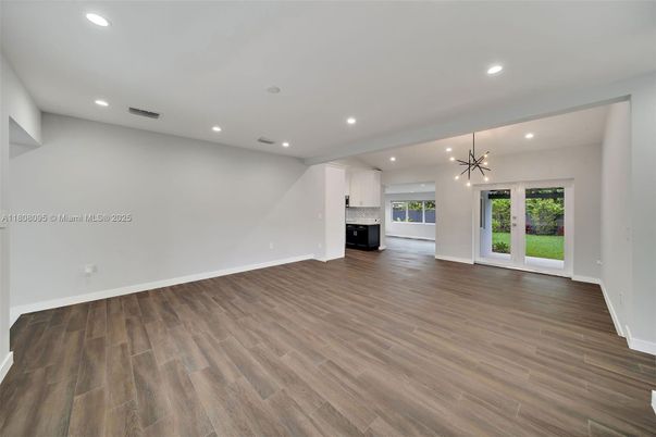Empty room, Interior, Kitchen, Pendant Lights, Recessed Lighting, Wood Texture Flooring