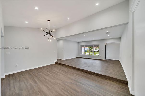 Empty room, Interior, Pendant Lights, Recessed Lighting, Wood Texture Flooring