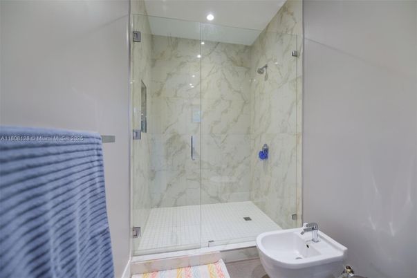 Bathroom, Glass Shower, Interior, Marble Walls, Recessed Lighting