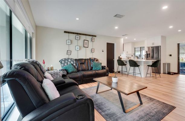 Interior, Kitchen, Living room, Recessed Lighting, Stainless Steel Appliances, Wood Texture Flooring