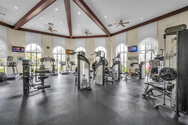 Fitness Equipment, Gym, Interior, Recessed Lighting, Wooden Beams