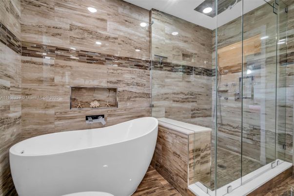 Bathroom, Free Standing Baths, Glass Shower, Interior, Recessed Lighting, Wooden Walls