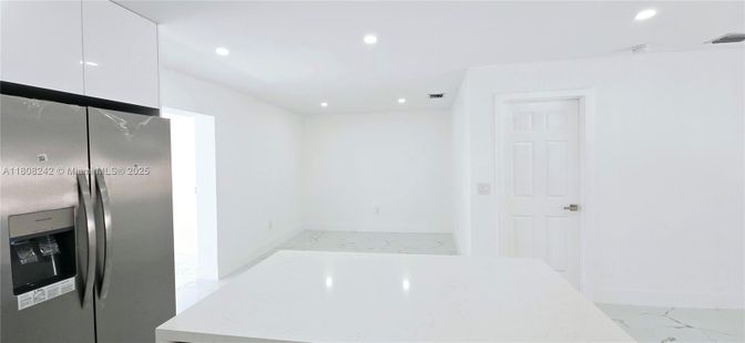 Empty room, Interior, Kitchen, Marble, Recessed Lighting, Stainless Steel Appliances
