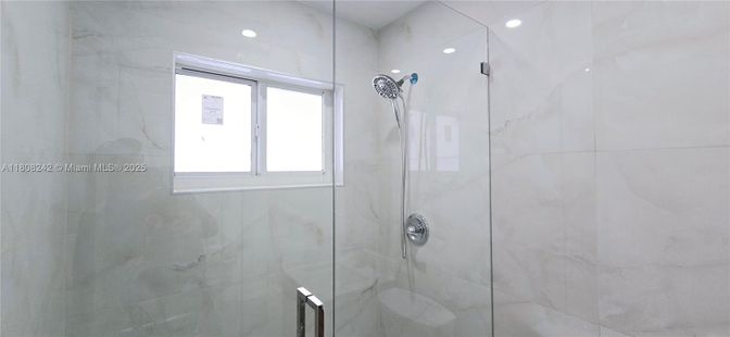 Bathroom, Glass Shower, Interior, Marble Walls, Recessed Lighting