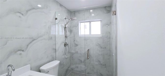 Bathroom, Glass Shower, Interior, Marble Walls, Recessed Lighting