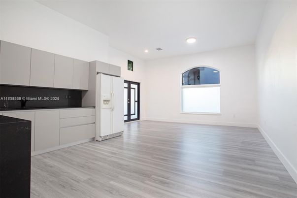Empty room, Interior, Kitchen, Recessed Lighting, Wood Texture Flooring