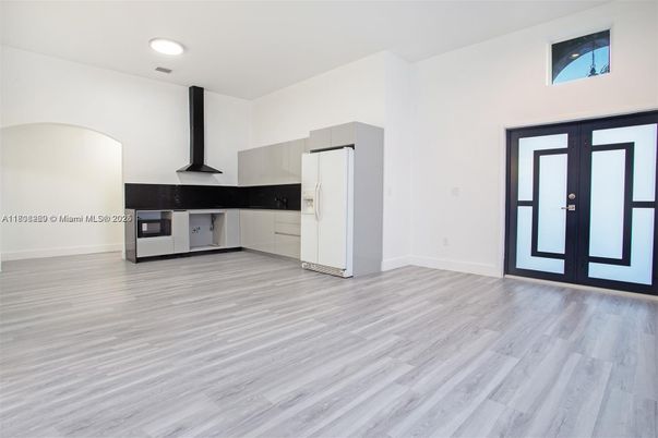 Empty room, Interior, Kitchen, Recessed Lighting, Wood Texture Flooring