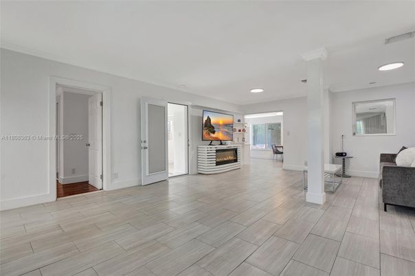 Fireplace, Interior, Recessed Lighting, Wood Texture Flooring