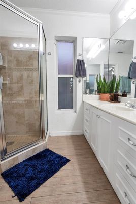 Bathroom, Glass Shower, Interior, Wood Texture Flooring
