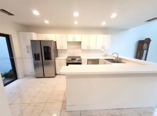 Interior, Kitchen, Marble, Recessed Lighting, Stainless Steel Appliances, Water