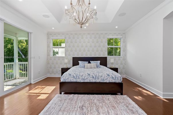 Bedroom, Chandelier, Interior, Recessed Lighting, Wood Texture Flooring