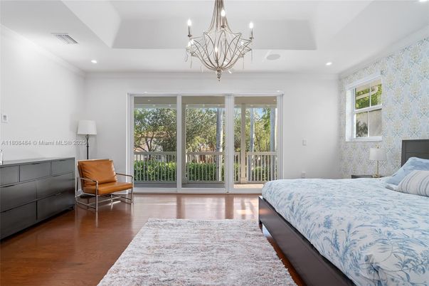 Bedroom, Chandelier, Interior, Recessed Lighting, Wood Texture Flooring