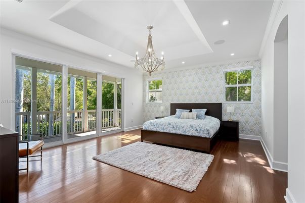 Bedroom, Chandelier, Interior, Recessed Lighting, Wood Texture Flooring