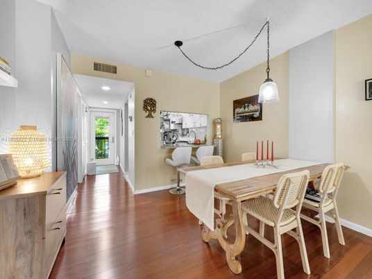 Dining room, Interior, Pendant Lights, Recessed Lighting, Wood Texture Flooring