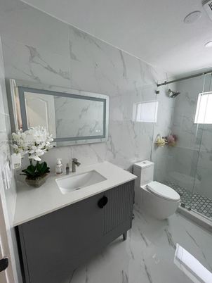 Bathroom, Glass Shower, Interior, Marble, Marble Walls, Recessed Lighting