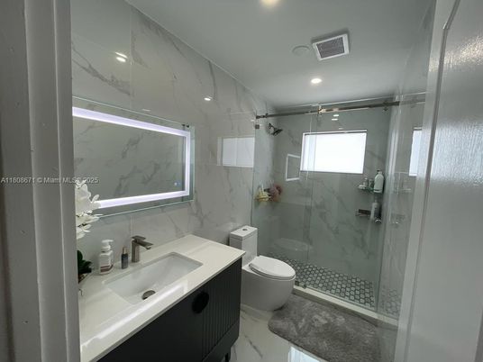 Bathroom, Glass Shower, Interior, Marble, Marble Walls, Recessed Lighting