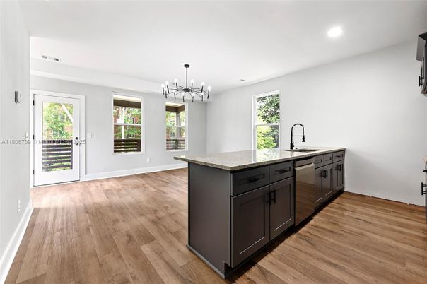 Interior, Kitchen, Pendant Lights, Recessed Lighting, Wood Texture Flooring