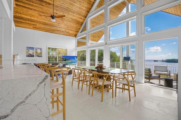 Dining room, Interior, Sun Room, Water, Wooden Ceilings