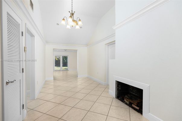 Chandelier, Empty room, Fireplace, Interior