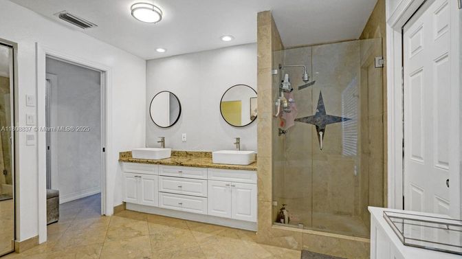 Bathroom, Dual Sink Vanities, Glass Shower, Interior, Recessed Lighting