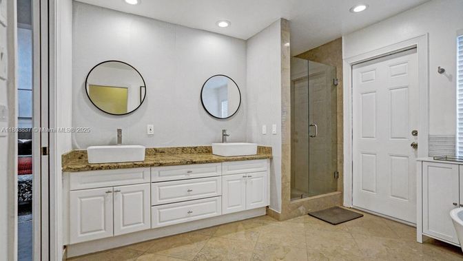Bathroom, Dual Sink Vanities, Glass Shower, Interior, Recessed Lighting