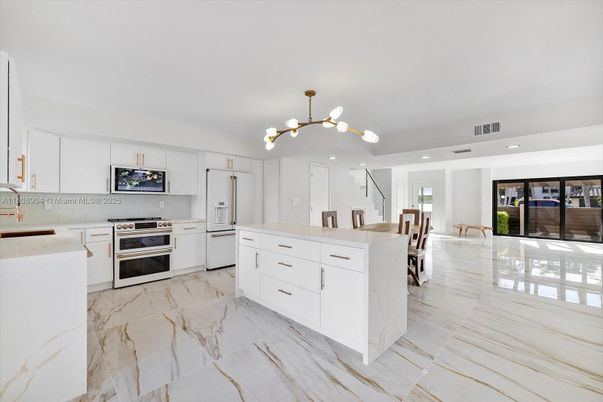 Interior, Kitchen, Marble, Pendant Lights, Recessed Lighting, Stainless Steel Appliances