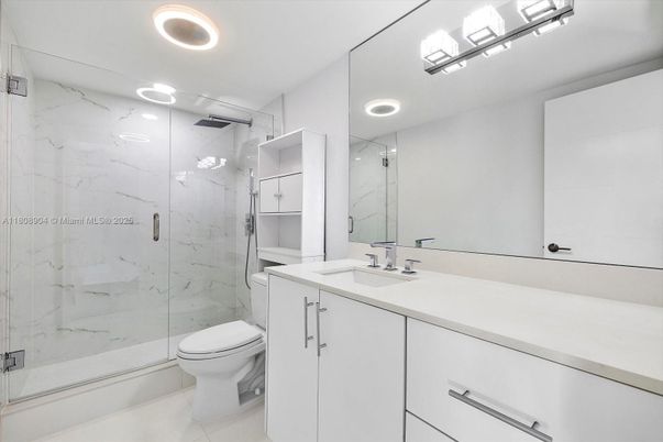 Bathroom, Glass Shower, Interior, Marble Walls, Recessed Lighting