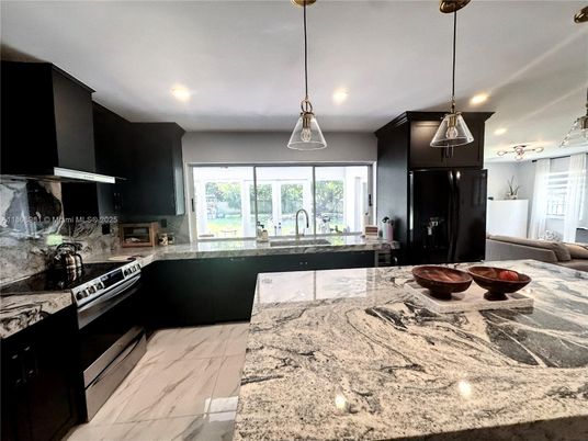Interior, Kitchen, Marble, Pendant Lights, Recessed Lighting