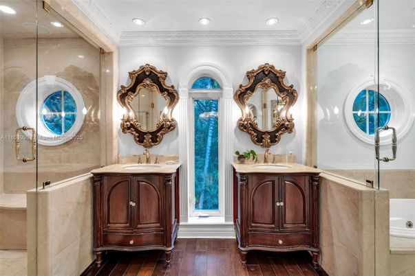 Bathroom, Dual Sink Vanities, Interior, Recessed Lighting, Wood Texture Flooring
