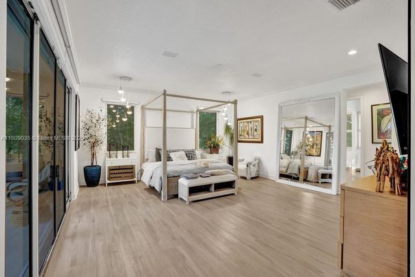 Bedroom, Interior, Pendant Lights, Recessed Lighting, Wood Texture Flooring