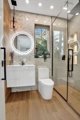 Bathroom, Glass Shower, Interior, Recessed Lighting, Wood Texture Flooring