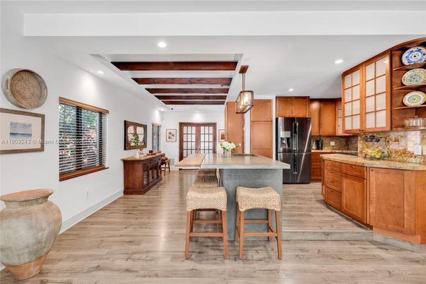 Interior, Kitchen, Pendant Lights, Recessed Lighting, Wooden Beams, Wood Texture Flooring