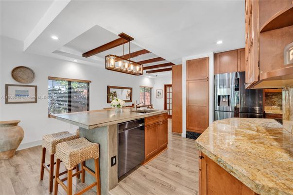 Chandelier, Interior, Kitchen, Pendant Lights, Recessed Lighting, Stainless Steel Appliances, Wooden Beams, Wood Texture Flooring