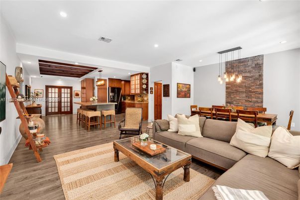 Dining room, Interior, Kitchen, Living room, Pendant Lights, Recessed Lighting, Stone Walls, Wooden Beams, Wooden Ceilings, Wood Texture Flooring