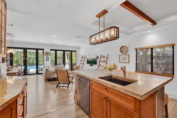 Chandelier, Dining room, Interior, Kitchen, Living room, Pendant Lights, Recessed Lighting, Wooden Beams, Wood Texture Flooring